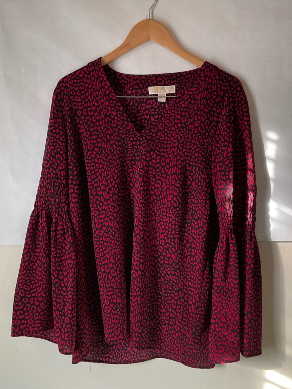 Michael Kors Raspberry Black Animal Print Blouse Medium NWT V Neck